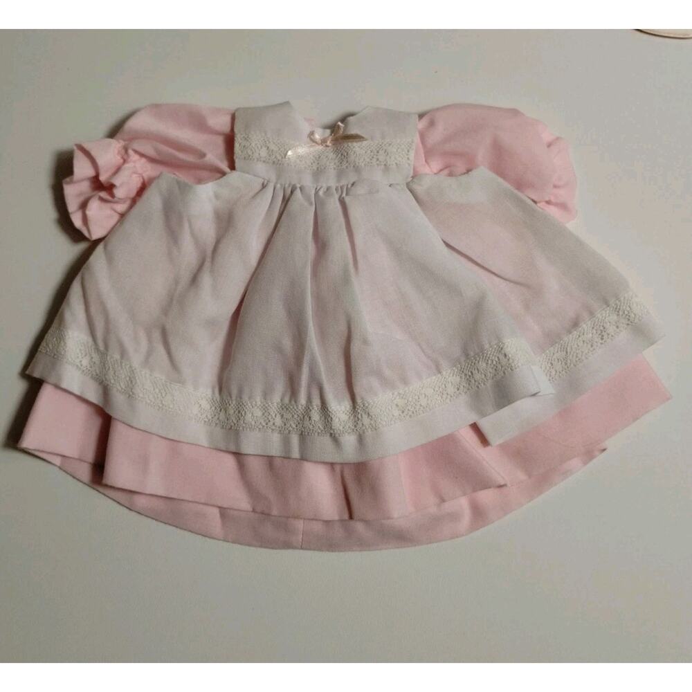 Vintage Doll Dress Pink - Lace Accents- Puffy Sleeves 7" Long